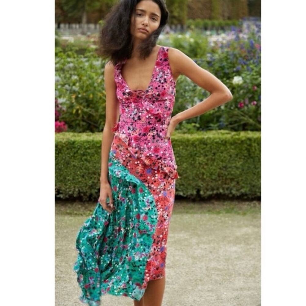 Saloni Aggie Silk Ruffled Floral Midi Dress Asymmetrical Pink Red Teal Green 8